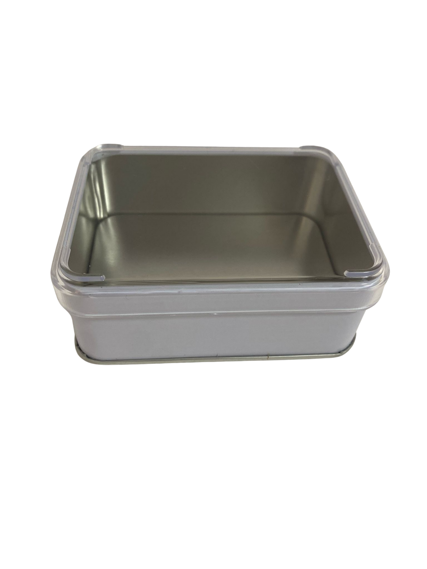 קופסת מתכת עם מכסה שקוף